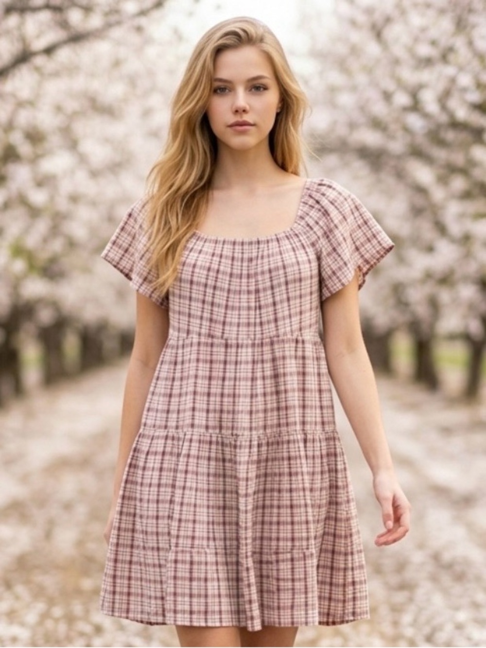 2 for $30 ✅Pink and Cream Plaid Tiered Swing Dress with Square Neck
